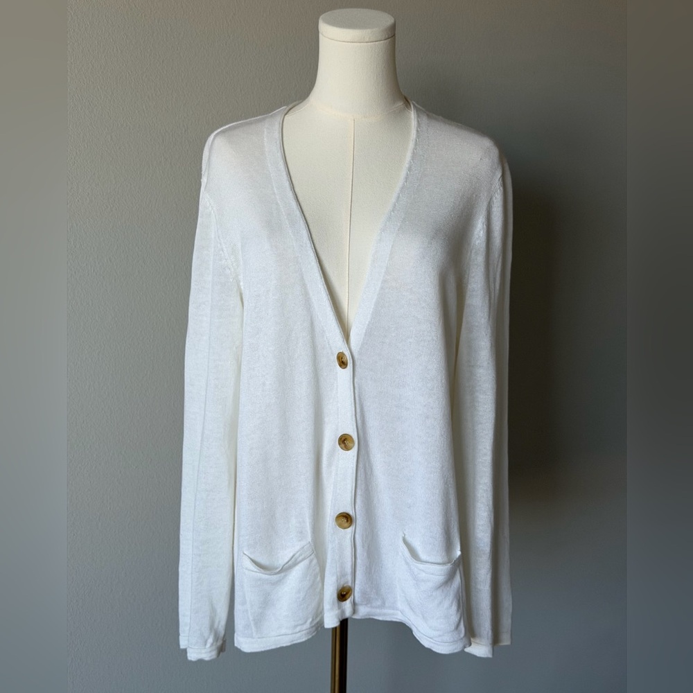 J. Jill White Linen / Rayon / Cotton Knit Cardigan with Button Detail